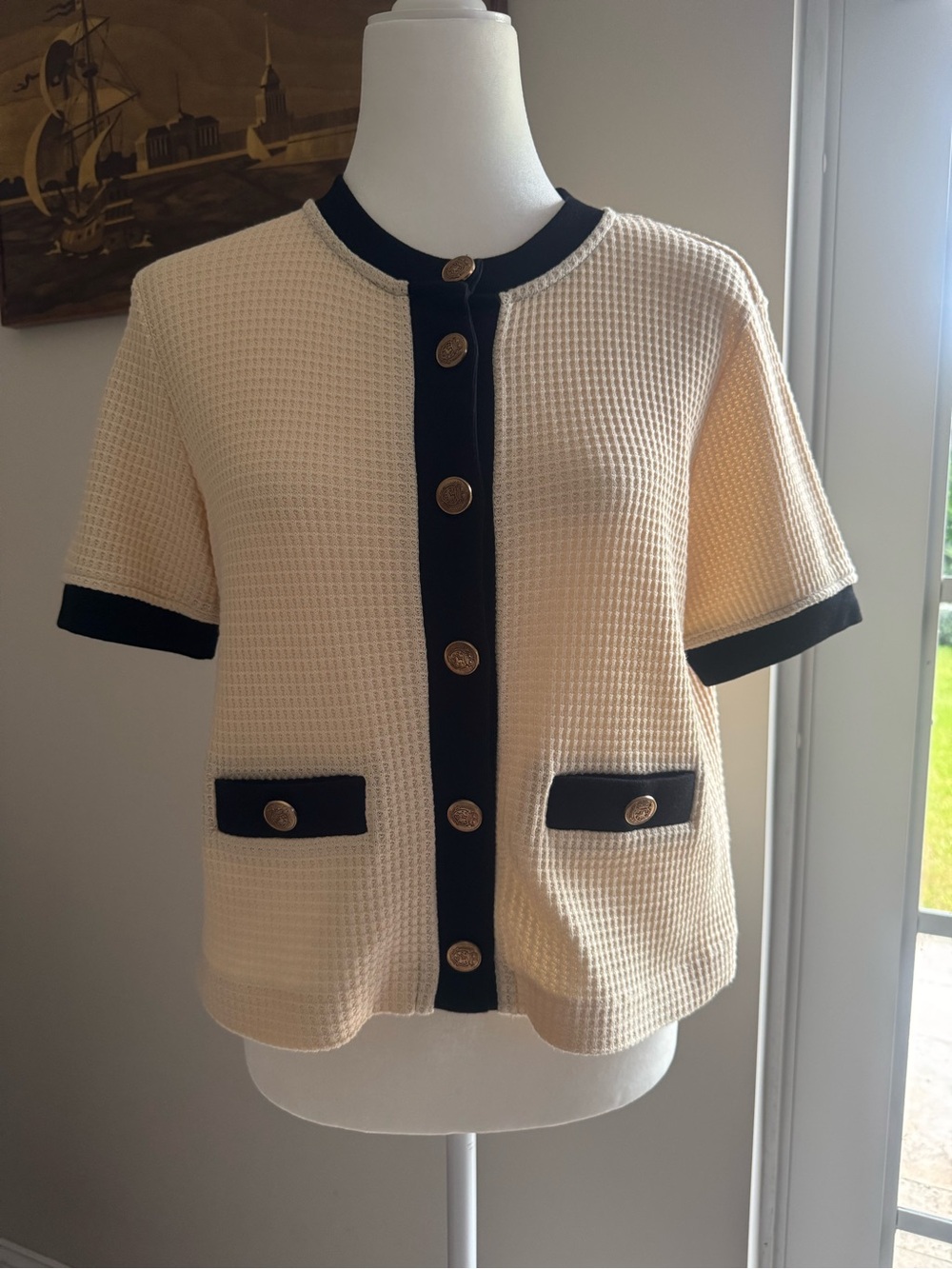 Massimo Dutti Cream Short Sleeve Waffle Knit Cardigan with Black Trim